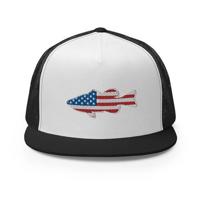 Gunner Gear Fishing Hat Bass Fish American Flag Embroidered Snapback Trucker Hat Yupoong 6006 Black/White/Black