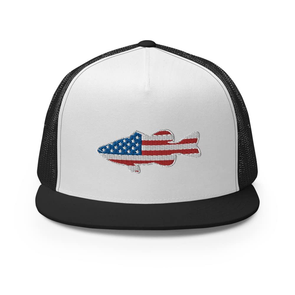 Gunner Gear Fishing Hat Bass Fish American Flag Embroidered Snapback Trucker Hat Yupoong 6006 Black/White/Black