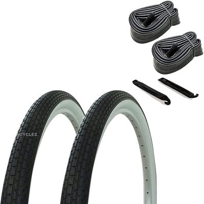 CYCLEZ One Pair 20" x 1.75 Brick or Grooved White Wall Tires Includes 2-20" Tubes and 2- Tire Lever Tools for 20inch BMX or Lowrider Bicycles Replacement Kit (Brick (White Wall))