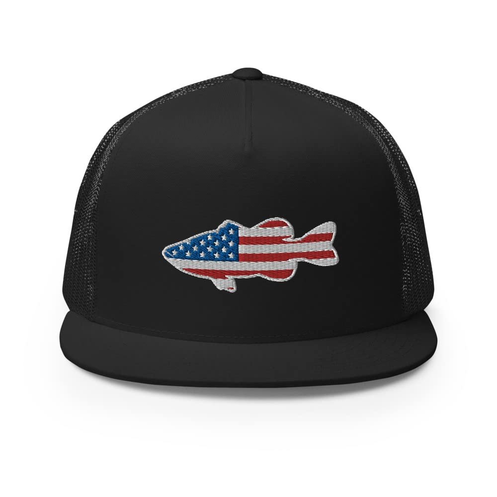 Gunner Gear Fishing Hat Bass Fish American Flag Embroidered Snapback Trucker Hat Yupoong 6006 Black
