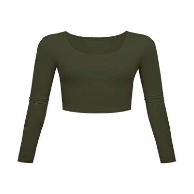 Long Sleeve Crop Tops for Women Workout Basic Clothes for Teen Ladies Fitted Slim Scoop Neck Cute Yoga Shirts (Olive, Medium)