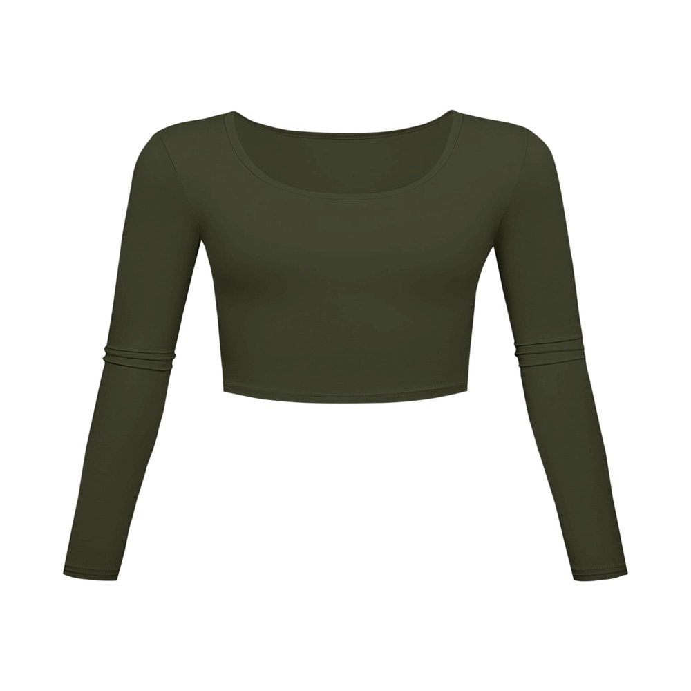 Long Sleeve Crop Tops for Women Workout Basic Clothes for Teen Ladies Fitted Slim Scoop Neck Cute Yoga Shirts (Olive, Medium)