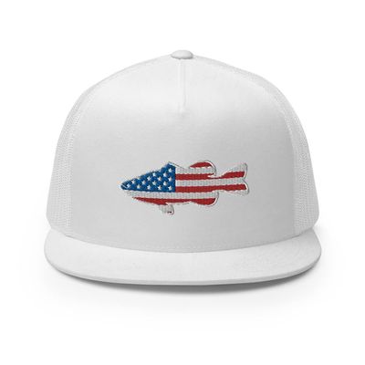 Gunner Gear Fishing Hat Bass Fish American Flag Embroidered Snapback Trucker Hat Yupoong 6006 White