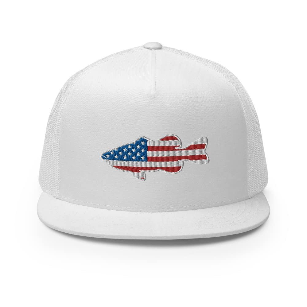 Gunner Gear Fishing Hat Bass Fish American Flag Embroidered Snapback Trucker Hat Yupoong 6006 White