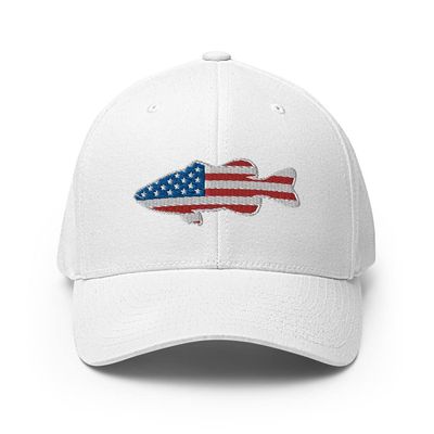 Gunner Gear Flexfit Fishing Hat Bass Fish American Flag Embroidered Baseball Hat Structured Twill Cap White