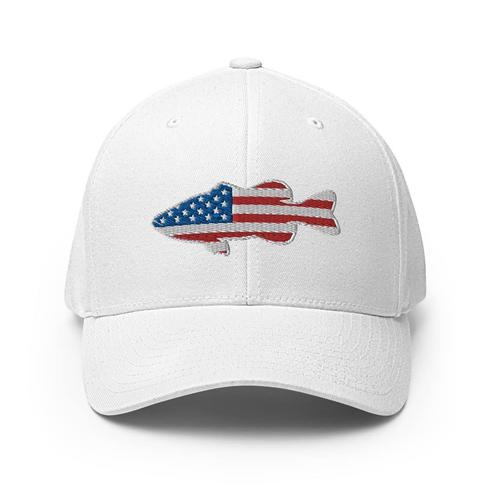 Gunner Gear Flexfit Fishing Hat Bass Fish American Flag Embroidered Baseball Hat Structured Twill Cap White