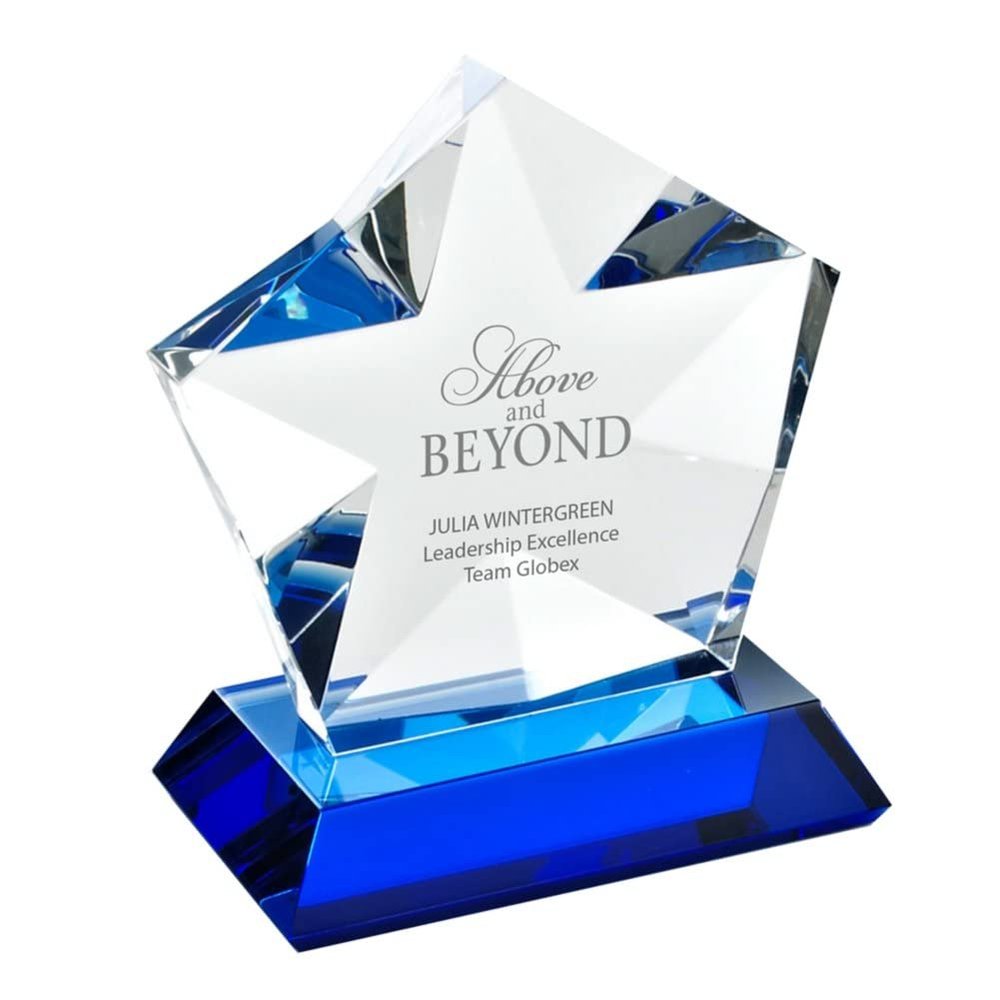 Baudville Custom Engraved Luminary Crystal Trophy Award - Blue Star Highlights - Personalized Engraving Up to Three Lines and Pre-Written Title Selection - Comes with Elegant Black Gift Box