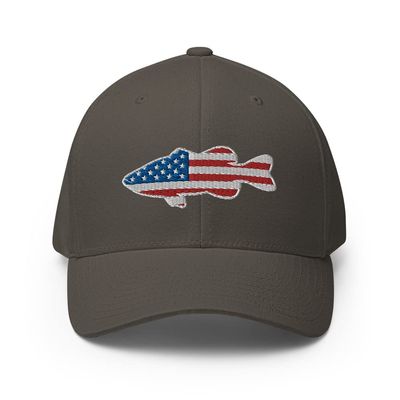 Gunner Gear Flexfit Fishing Hat Bass Fish American Flag Embroidered Baseball Hat Structured Twill Cap Dark Grey