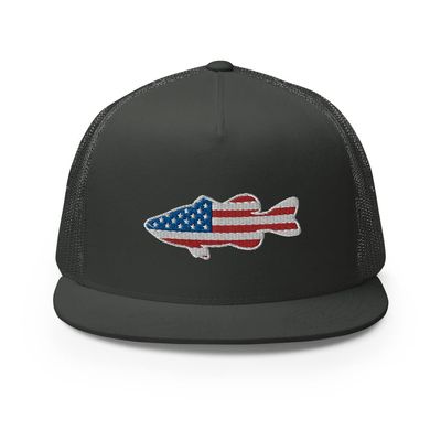Gunner Gear Fishing Hat Bass Fish American Flag Embroidered Snapback Trucker Hat Yupoong 6006 Charcoal