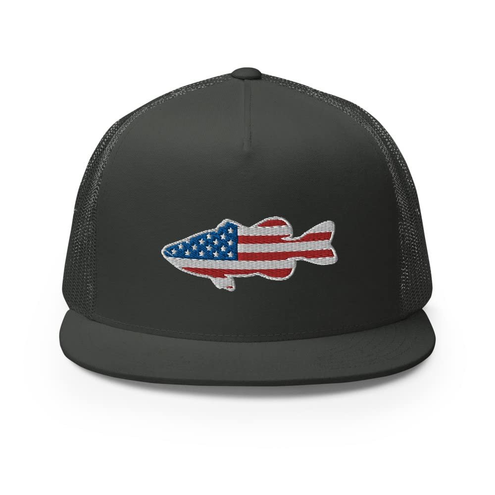 Gunner Gear Fishing Hat Bass Fish American Flag Embroidered Snapback Trucker Hat Yupoong 6006 Charcoal