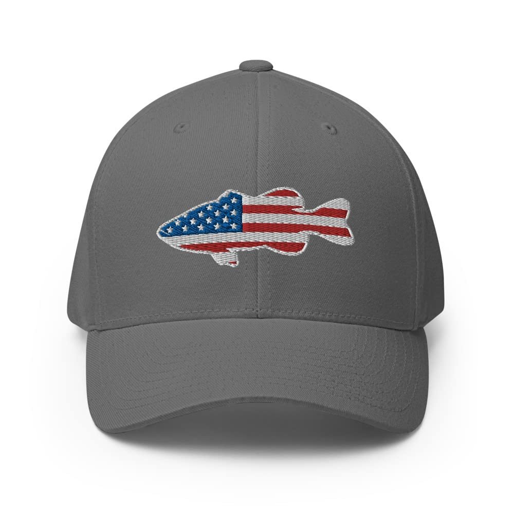 Gunner Gear Flexfit Fishing Hat Bass Fish American Flag Embroidered Baseball Hat Structured Twill Cap Grey