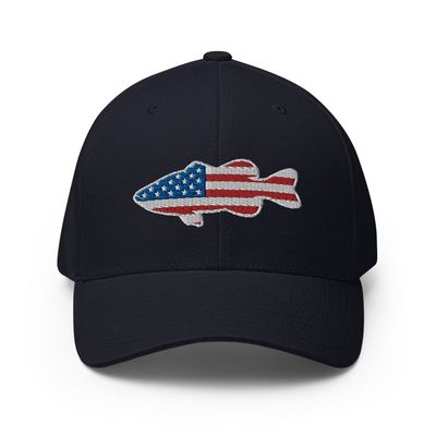 Gunner Gear Flexfit Fishing Hat Bass Fish American Flag Embroidered Baseball Hat Structured Twill Cap Dark Navy