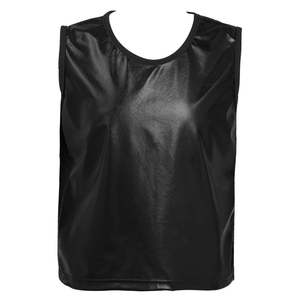 Aislor Kids Big Girls Shiny Metallic Crop Tank Tops Racer Back Dance Athletic Sports Bra Black Shiny 15-18 Years