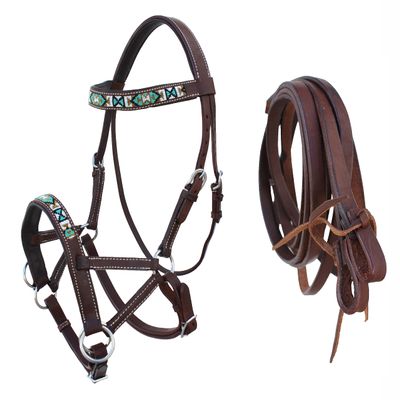 CHALLENGER Horse Western Horse Leather Beaded Bitless Sidepull Bridle w/Split Reins 77RS13BR