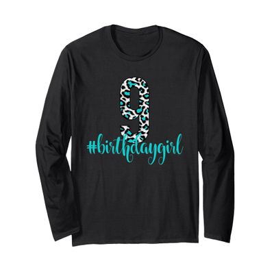 Nine 9th Birthday Girl Outfit Teal Leopard Animal Print Long Sleeve T-Shirt