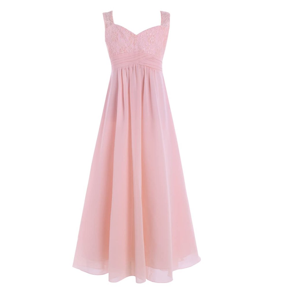 easyforever Kids Girls Shiny Sequin Rhinestone Belt Floral Lace Dress Princess Wedding Pagent Party Ball Gown Pearl Pink Long Dress 16 Years