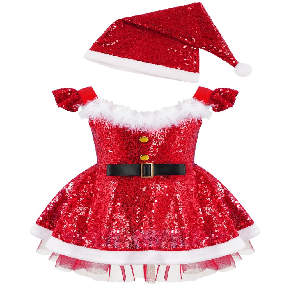 FEESHOW Children Girls Christmas Elf Santa Claus Frosty Snow-Man Costume Figure Ice Skating Ballet Dance Tutu Dress G Red 3-6 Months
