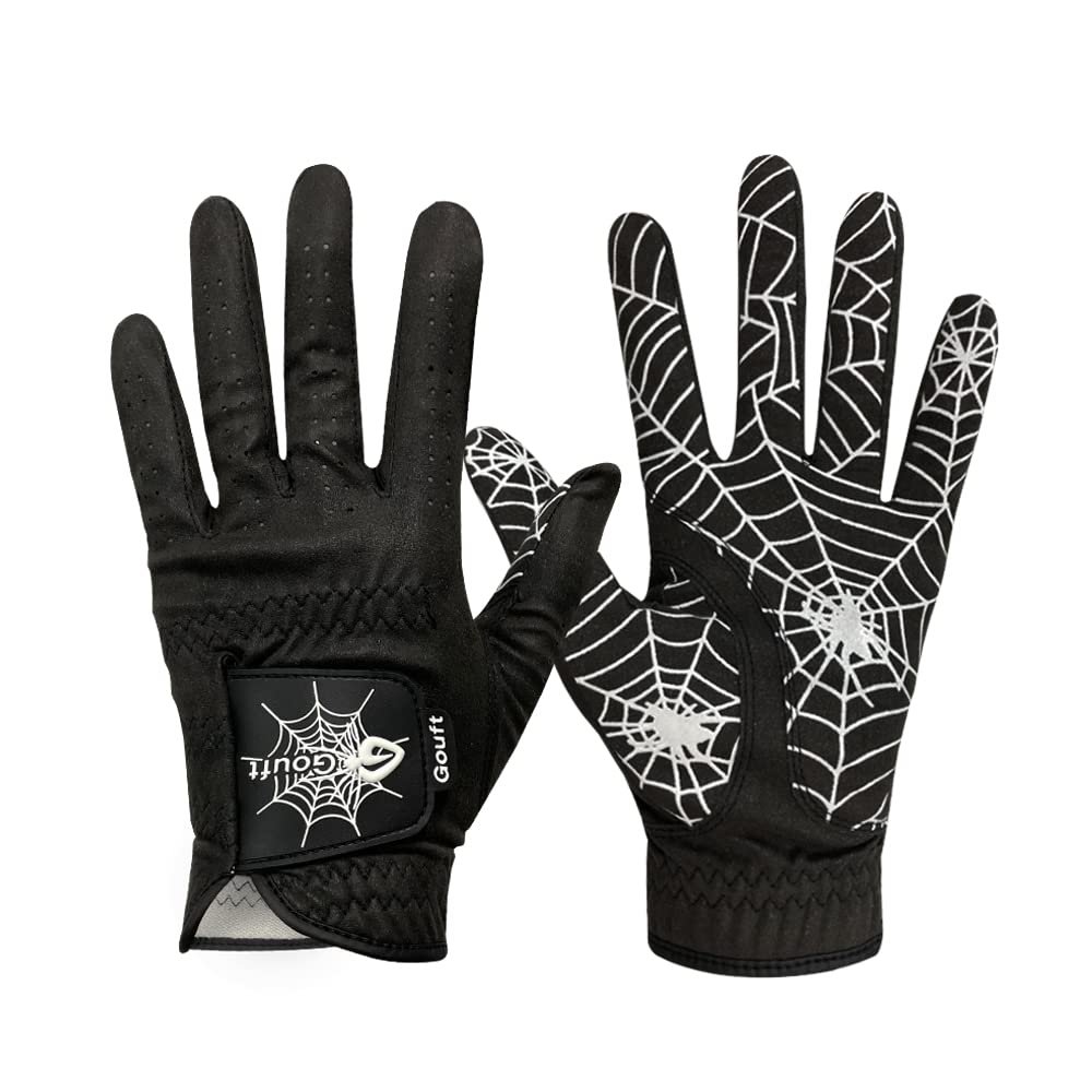 GOuft Spiderweb-Design Golf Glove Black Edition (for Men & Women) - Durable Suede: All Weather Golf Glove, Good Grip, Feel Soft/Comfort, and Long Lasting: Washable Glove (White/Black, 21, Pair)