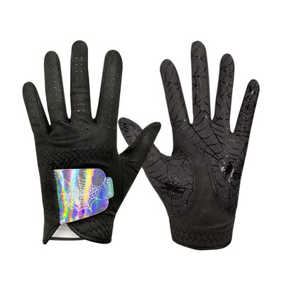GOuft Spiderweb-Design Golf Glove Black Edition (for Men & Women) - Durable Suede: All Weather Golf Glove, Good Grip, Feel Soft/Comfort, and Long Lasting: Washable Glove (Hologram/Black, 21, Pair)