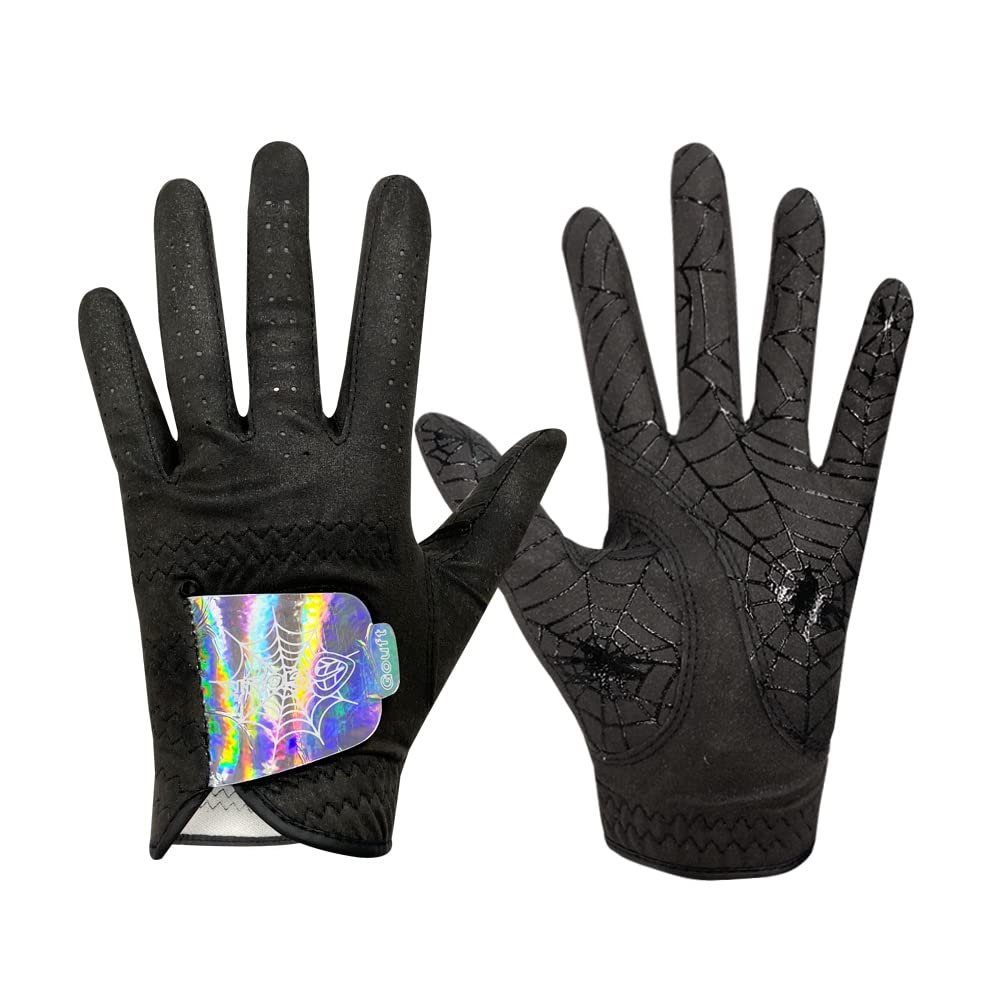 GOuft Spiderweb-Design Golf Glove Black Edition (for Men & Women) - Durable Suede: All Weather Golf Glove, Good Grip, Feel Soft/Comfort, and Long Lasting: Washable Glove (Hologram/Black, 21, Pair)
