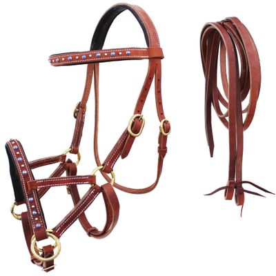 CHALLENGER Horse Western Horse Leather Purple Rhinestone Bitless Sidepull Bridle w/Split Reins 77RS31PR