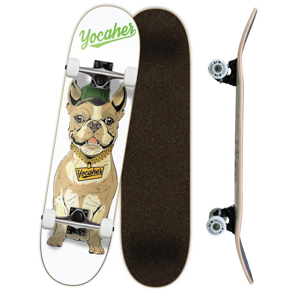 Yocaher Punked Complete Skateboard 7.75" x 31" Pro Skateboards with Black Grip Tape, Aluminum Alloy Truck, ABEC-7 Bearing, 54mm Skateboard Wheels (Complete 7.75" Cool Pup French Bulldog)