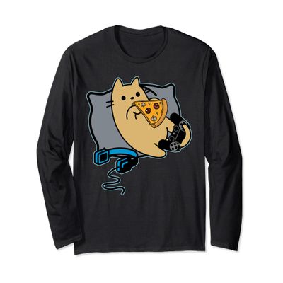 Pizza Eating Gamer Cat Headset and Pad Long Sleeve T-Shirt