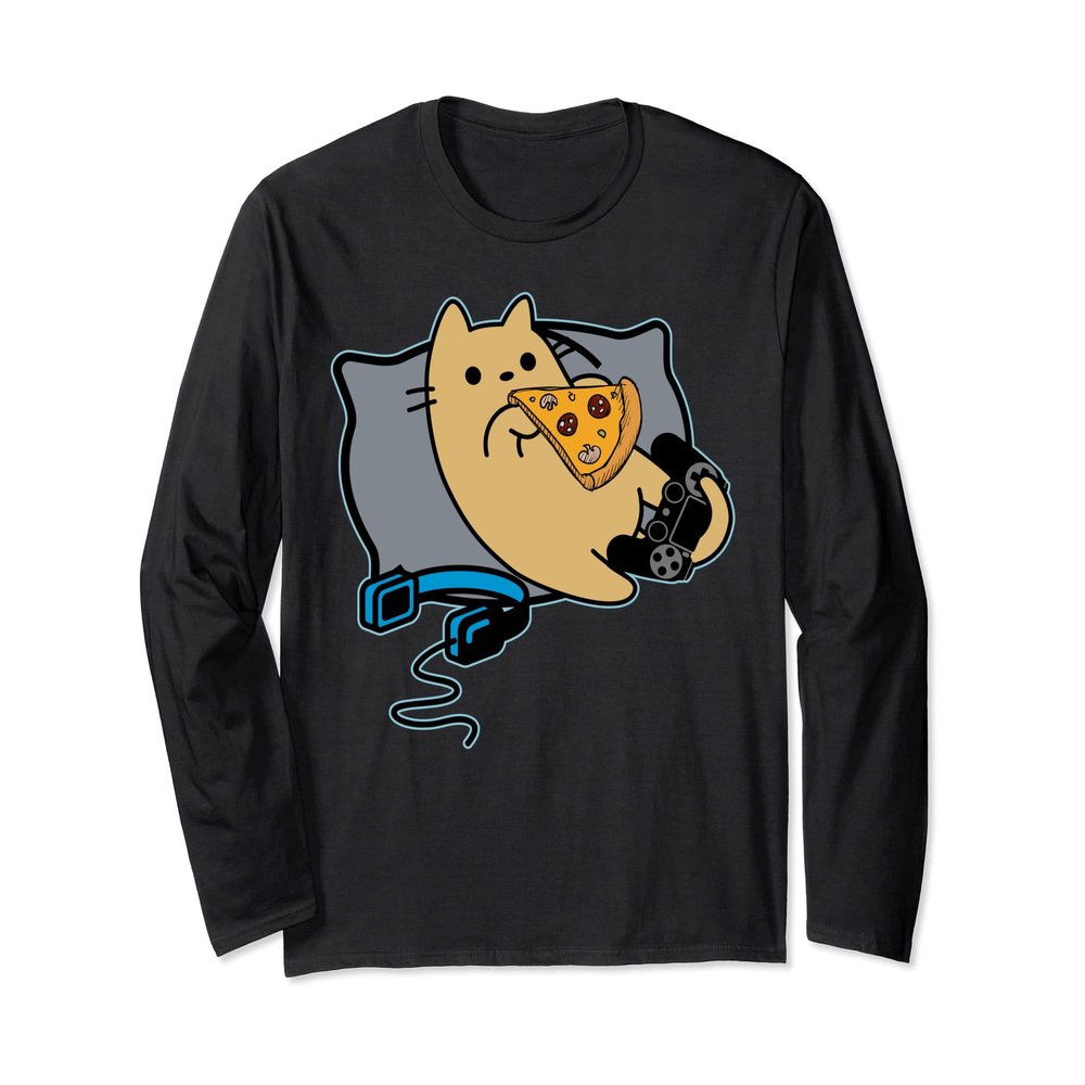 Pizza Eating Gamer Cat Headset and Pad Long Sleeve T-Shirt
