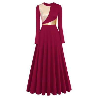 AFAVOM Liturgical Praise Dance Worship Long Dress for Women Metallic Gold Color Block Loose Fit Full Length Church Dancewear Long Sleeves Robe Dance Dress Ruffle Tunic Circle Skirt Wine Red XL