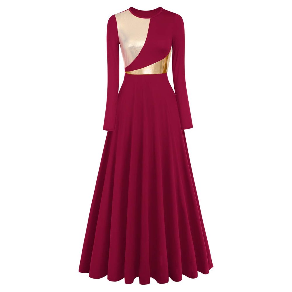 AFAVOM Liturgical Praise Dance Worship Long Dress for Women Metallic Gold Color Block Loose Fit Full Length Church Dancewear Long Sleeves Robe Dance Dress Ruffle Tunic Circle Skirt Wine Red XL