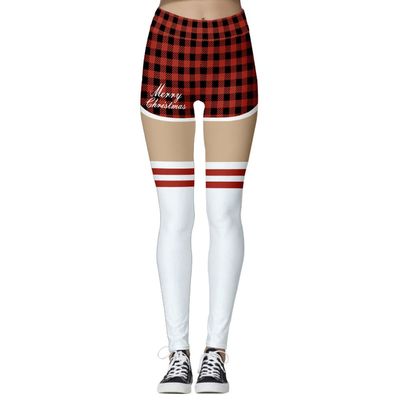 IBTOM CASTLE Christmas Leggings for Women Ugly Santa Claus Reindeer 3D Printed Tights Xmas Holiday High Waist Slim Fit Riding Workout Yoga Gym Fitness Running Pilates Pants Red-Plaid L