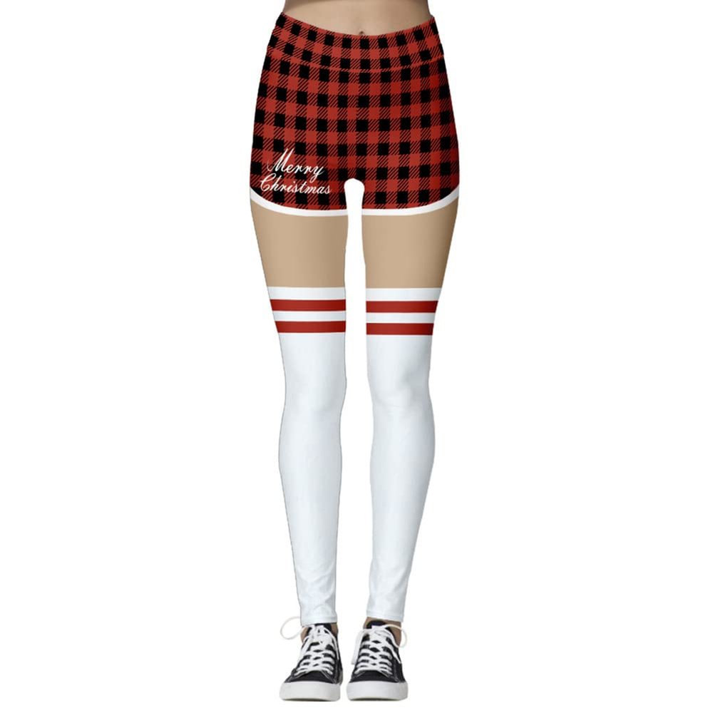 IBTOM CASTLE Christmas Leggings for Women Ugly Santa Claus Reindeer 3D Printed Tights Xmas Holiday High Waist Slim Fit Riding Workout Yoga Gym Fitness Running Pilates Pants Red-Plaid L