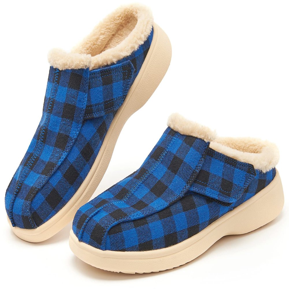 EVGLOW Mens Slippers with Arch Support,Orthopedic Slippers Fleece Lining,Adjustable Plantar Fasciitis Orthotic Foot Pain Relief House Shoes,NON SLIP Christmas Indoor Outdoor,Plaid Black Blue,size 8