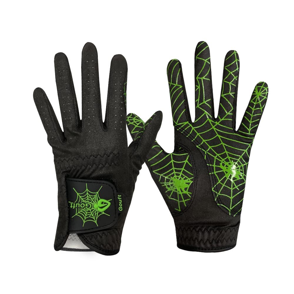 GOuft Spiderweb-Design Golf Glove Black Edition (for Men & Women) - Durable Suede: All Weather Golf Glove, Good Grip, Feel Soft/Comfort, and Long Lasting: Washable Glove (Neon/Black, 21, Pair)