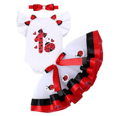 Baby Girl Ladybug 1st First Birthday Cake Smash Outfit One Year Old Photography Photo Props Cotton Flutter Sleeve Romper Bodysuit Princess Tutu Skirt Bowknot Headband 3pcs Clothes Set Red