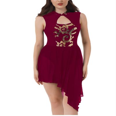 ACSUSS Women Sequins Lyrical Dance Dress Mesh Tulle High-Low Skirt Ballet Contemporary Costume Burgundy Large
