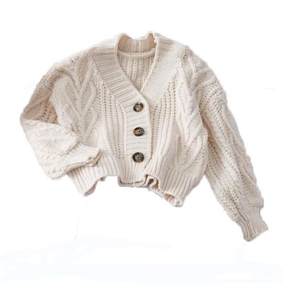 MIYAA Knit Cardigan Coat Autumn Winter Knitted Cropped Cardigan Button Down V Neck Knit Cardigan Jumper Women Loose Lantern S, Beige