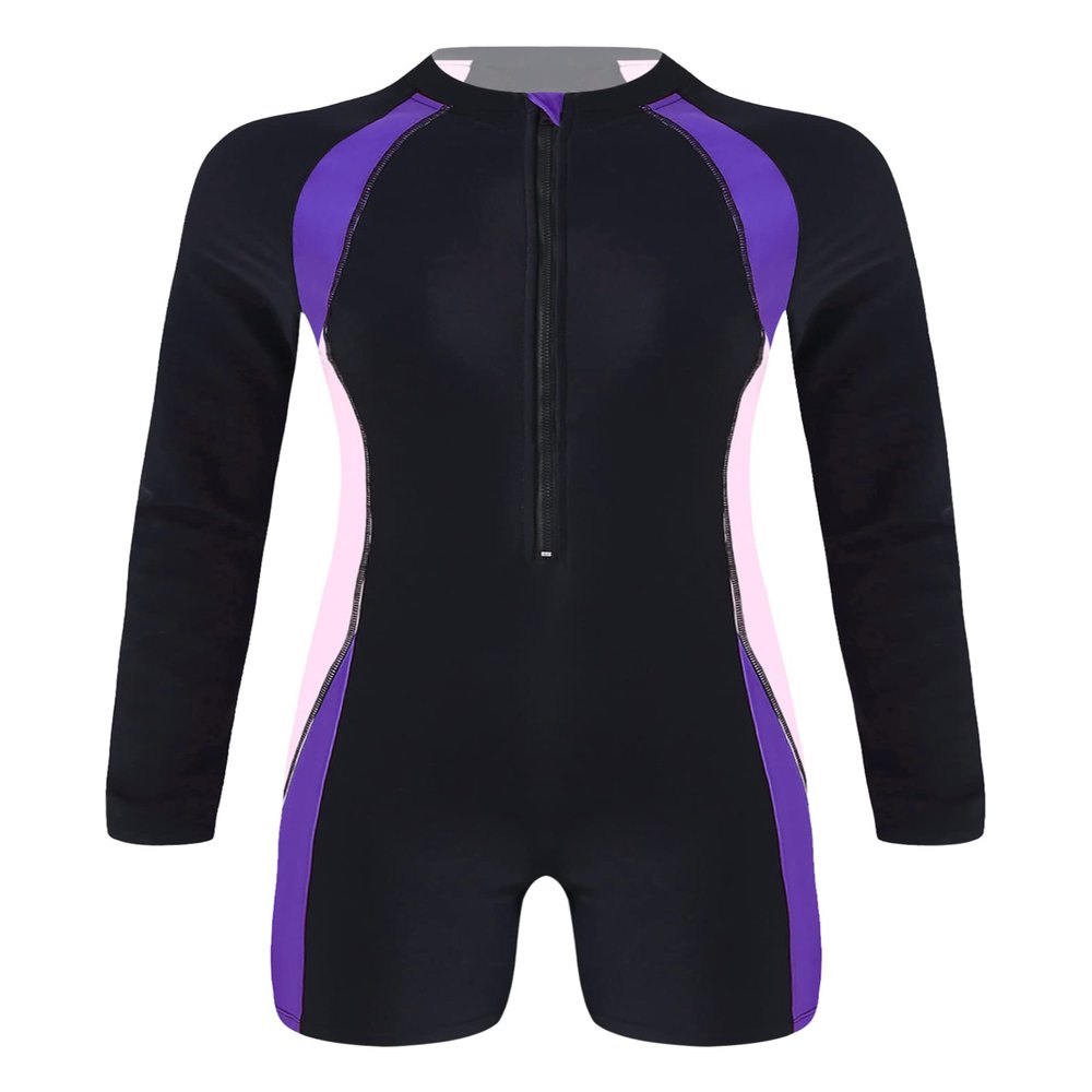 Yihuimin Women Swimsuit Color Block Bodysuit Athletic Rash Guard Short Jumpsuit Swimming Beach Surfing Purple&Pink Small