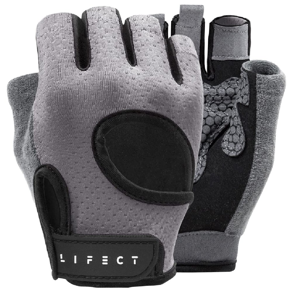 LIFECT Essential Breathable Workout Gloves, Weight Lifting Fingerless Gym Exercise Gloves with Curved Open Back, for Powerlifting, Women and Men (Grey, Large)