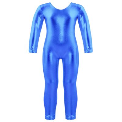 Agoky Kids Girls Shiny Dance Clothing Set One-Piece Sports Unitard Long Sleeve Gymnastics Leotard Biketard Tracksuit Jumpsuit Royal Blue_B 3-4 Years