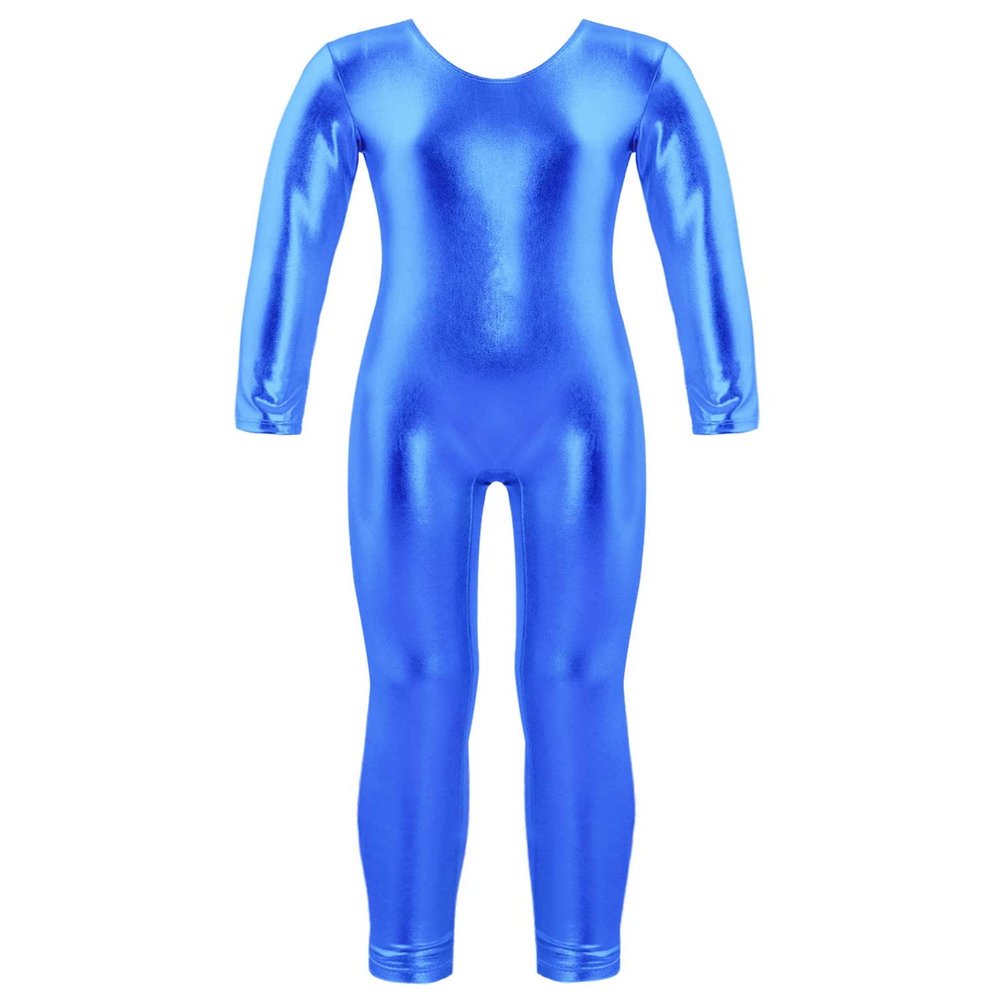 Agoky Kids Girls Shiny Dance Clothing Set One-Piece Sports Unitard Long Sleeve Gymnastics Leotard Biketard Tracksuit Jumpsuit Royal Blue_B 3-4 Years