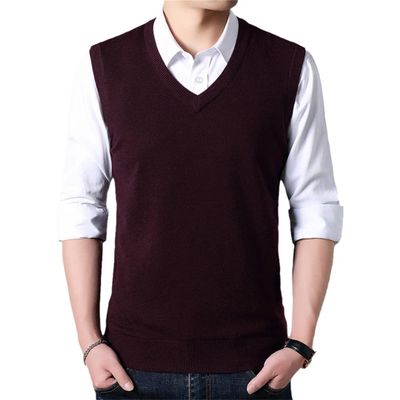 Renost Men Autumn Warm Cashmere Sweaters Classic Pure Color V-Neck Sleeveless Woolen Vest Burgundy XL