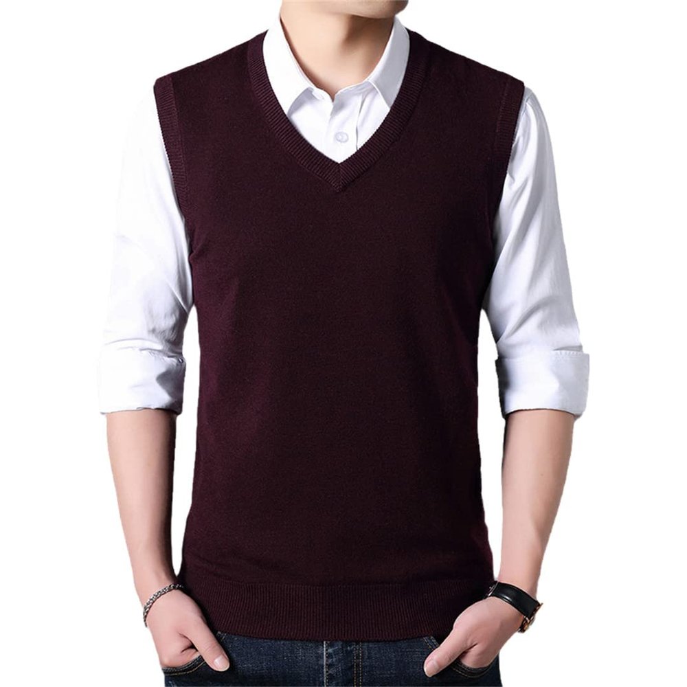 Renost Men Autumn Warm Cashmere Sweaters Classic Pure Color V-Neck Sleeveless Woolen Vest Burgundy XL