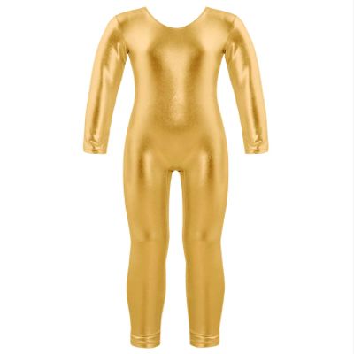 FEESHOW Kids Girls Full Length Athletic Gymnastics Leotard Bodysuit One Piece Romper Spandex Unitards Costumes Gold 8 Years