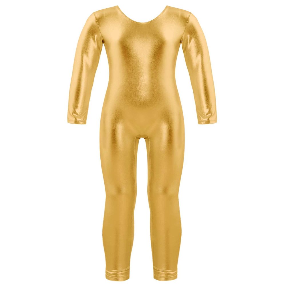 FEESHOW Kids Girls Full Length Athletic Gymnastics Leotard Bodysuit One Piece Romper Spandex Unitards Costumes Gold 8 Years