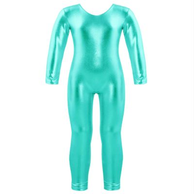 Freebily Girls Shiny Full Body Unitard Long Sleeve One-Piece Gymnastics Leotard Ballet Dance Outfit Costume Catsuit Jumpsuit Lake Green_B 3-4 Years