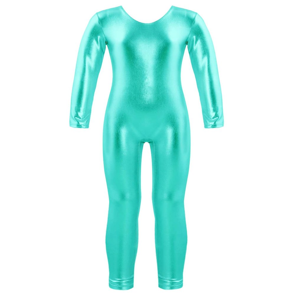 Freebily Girls Shiny Full Body Unitard Long Sleeve One-Piece Gymnastics Leotard Ballet Dance Outfit Costume Catsuit Jumpsuit Lake Green_B 3-4 Years