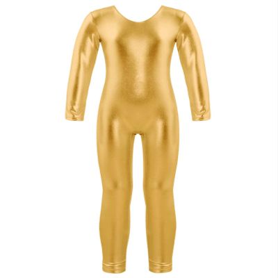 Freebily Girls Shiny Full Body Unitard Long Sleeve One-Piece Gymnastics Leotard Ballet Dance Outfit Costume Catsuit Jumpsuit Gold_B 3-4 Years