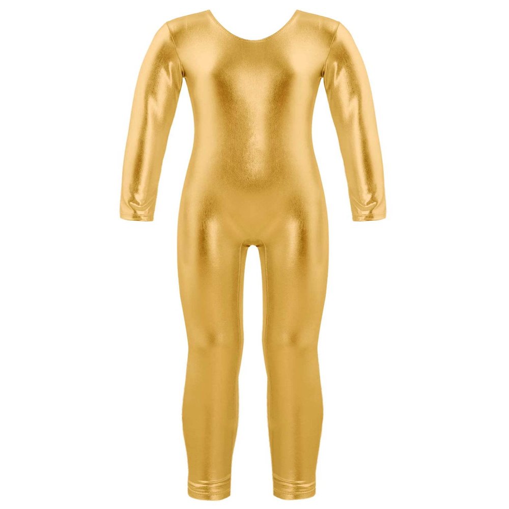 Freebily Girls Shiny Full Body Unitard Long Sleeve One-Piece Gymnastics Leotard Ballet Dance Outfit Costume Catsuit Jumpsuit Gold_B 3-4 Years