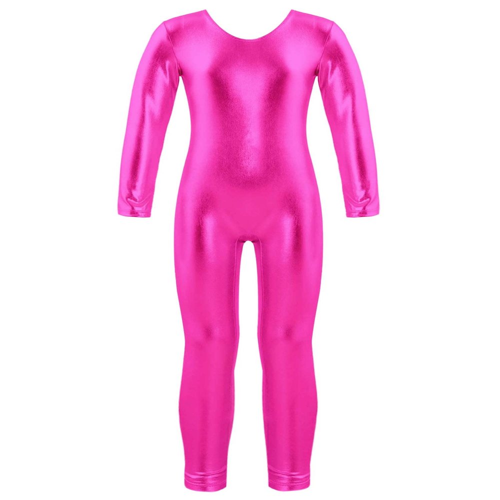 Freebily Girls Shiny Full Body Unitard Long Sleeve One-Piece Gymnastics Leotard Ballet Dance Outfit Costume Catsuit Jumpsuit Hot Pink_B 3-4 Years